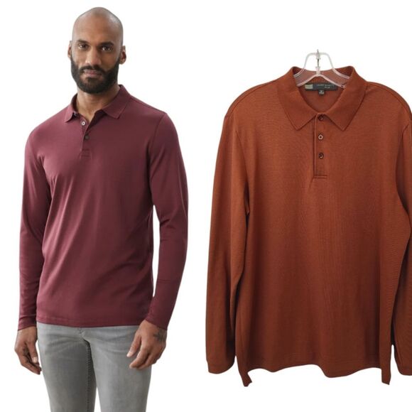 Robert Barakett - The Barakett Long-Sleeve Polo in Rust‎ Medium - Picture 1 of 10